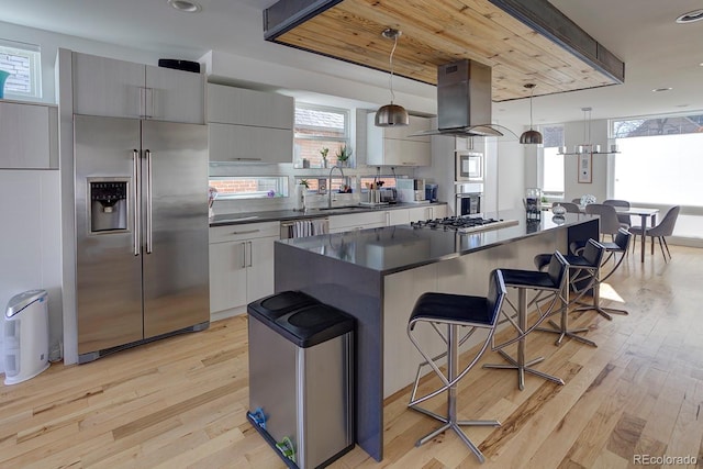 kitchen featuring built in appliances, pendant lighting, and light hardwood / wood-style floors