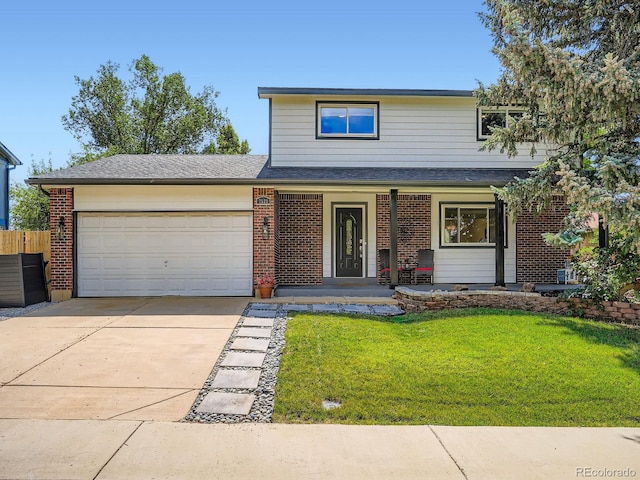7520 Braun Ct, Arvada, CO 80005 - traditional home featuring a front lawn, an attached garage, concrete driveway, brick siding, and a porch