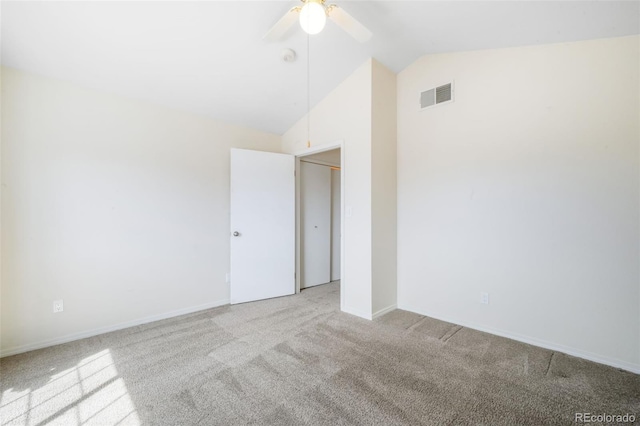 2172 Denton Grv Unit 203, Colorado Springs, CO 80919 - carpeted empty room featuring visible vents, baseboards, lofted ceiling, and ceiling fan