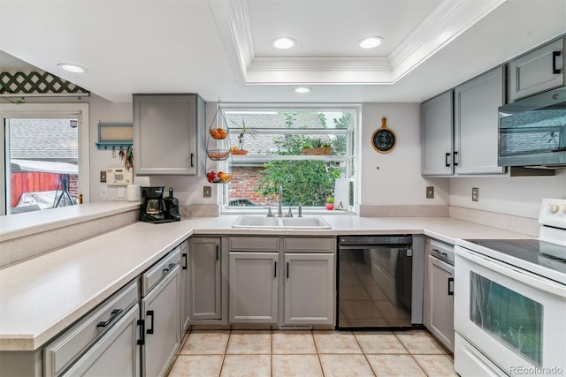 4231 S Fairplay Cir # E, Aurora, CO 80014 - kitchen with dishwasher, white range with electric cooktop, a sink, crown molding, and gray cabinets