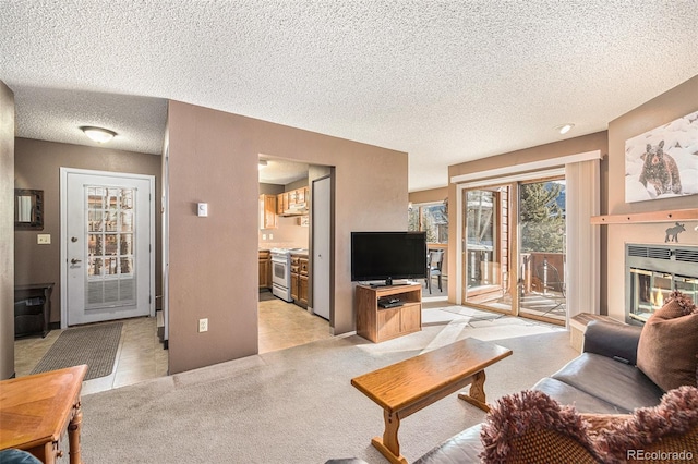 living room featuring light colored carpet and a textured ceiling