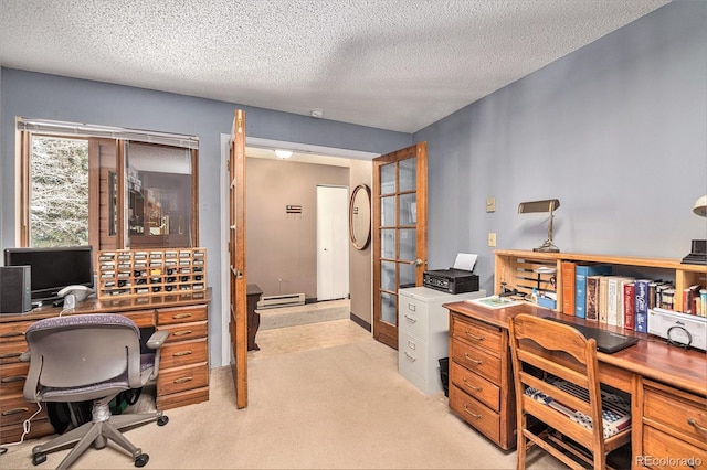 carpeted office with french doors, a baseboard radiator, and a textured ceiling