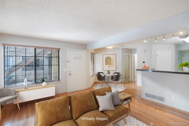 living room featuring wood-type flooring and a textured ceiling