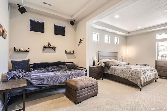 bedroom with light colored carpet and a raised ceiling