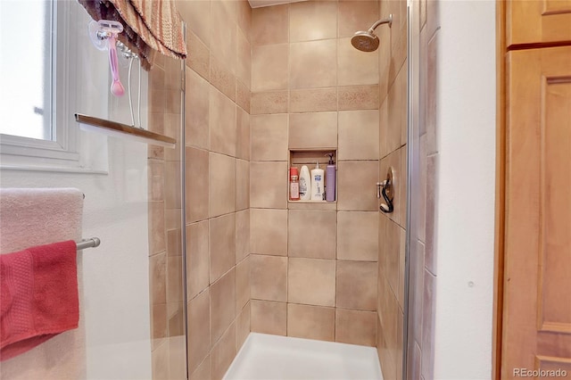 bathroom featuring a shower with shower door