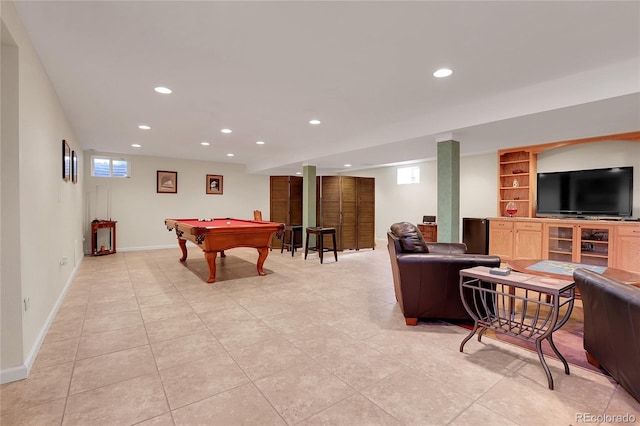 rec room featuring built in shelves, light tile patterned floors, and billiards