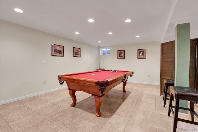 rec room featuring light tile patterned flooring and pool table