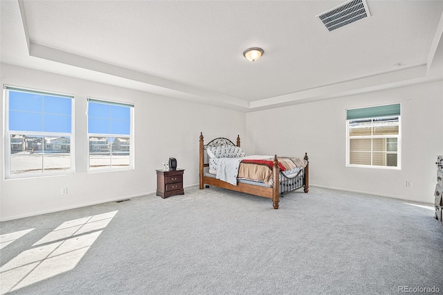 bedroom featuring a raised ceiling, visible vents, and multiple windows