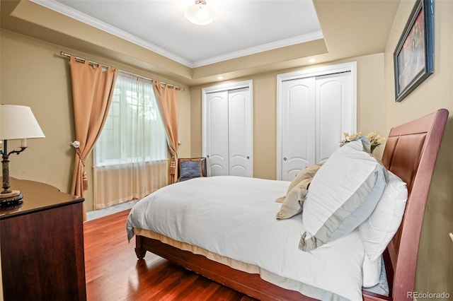 bedroom featuring crown molding, two closets, and wood finished floors