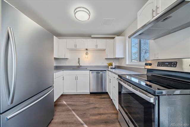 kitchen with sink, appliances with stainless steel finishes, white cabinets, dark hardwood / wood-style flooring, and exhaust hood