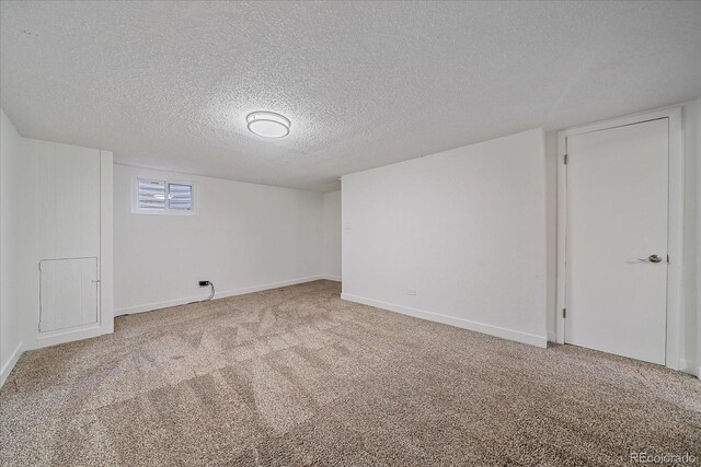 basement with carpet and a textured ceiling