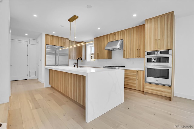 300 S Franklin St, Denver, CO 80209 - kitchen with stainless steel appliances, ventilation hood, modern cabinets, light wood-type flooring, and recessed lighting