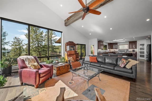 8453 S Scenic Dr, Morrison, CO 80465 - living room featuring recessed lighting, high vaulted ceiling, wood finished floors, a ceiling fan, and beamed ceiling