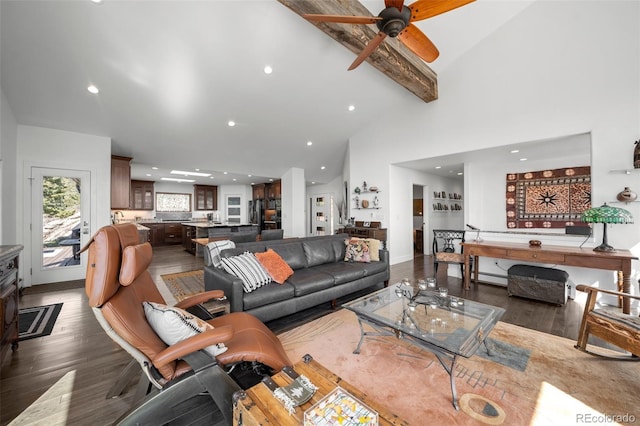 8453 S Scenic Dr, Morrison, CO 80465 - living room featuring wood finished floors, recessed lighting, a ceiling fan, beam ceiling, and high vaulted ceiling