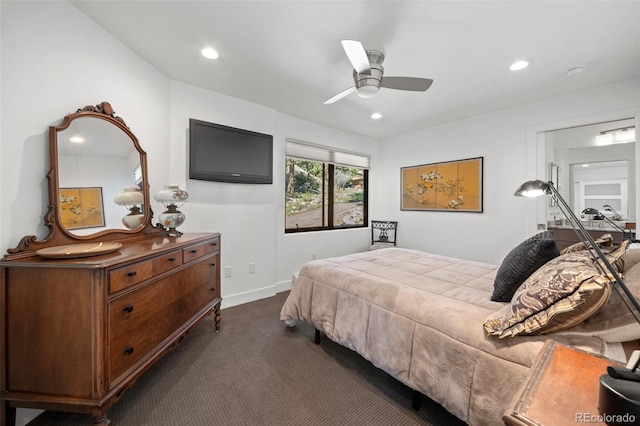 8453 S Scenic Dr, Morrison, CO 80465 - bedroom featuring dark colored carpet, recessed lighting, a ceiling fan, and baseboards