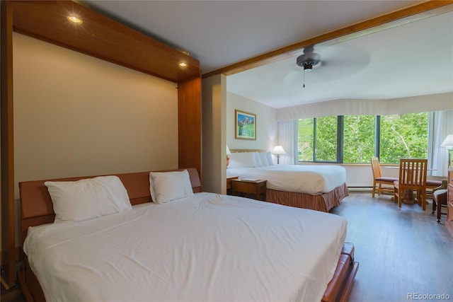6 Emmons Rd Unit 515, Mount Crested Butte, CO 81225 - bedroom featuring beamed ceiling, wood finished floors, recessed lighting, and ceiling fan