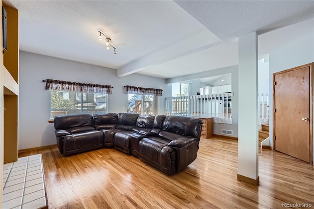 living room with hardwood / wood-style floors, a textured ceiling, and track lighting