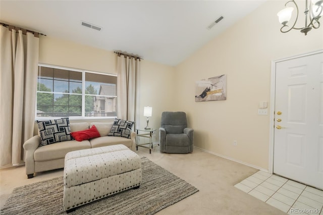 interior space featuring lofted ceiling, carpet, and a notable chandelier