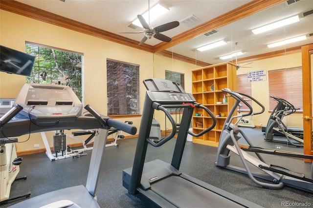 gym featuring ornamental molding and ceiling fan