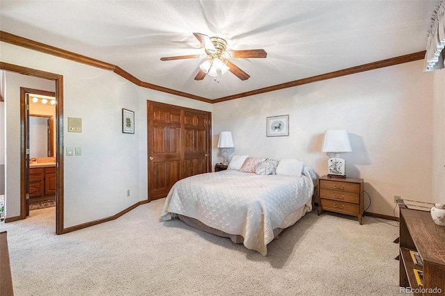 9873 Greensview Cir, Lone Tree, CO 80124 - bedroom featuring light carpet, a closet, ornamental molding, ceiling fan, and connected bathroom