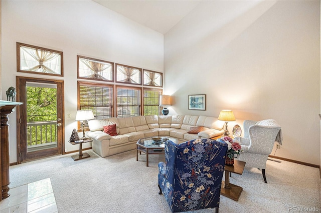 9873 Greensview Cir, Lone Tree, CO 80124 - living room featuring carpet floors and high vaulted ceiling