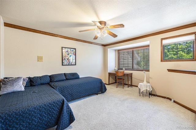 9873 Greensview Cir, Lone Tree, CO 80124 - carpeted bedroom with crown molding, ceiling fan, and a textured ceiling