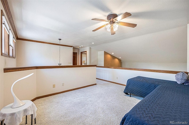 9873 Greensview Cir, Lone Tree, CO 80124 - carpeted bedroom with vaulted ceiling and a ceiling fan
