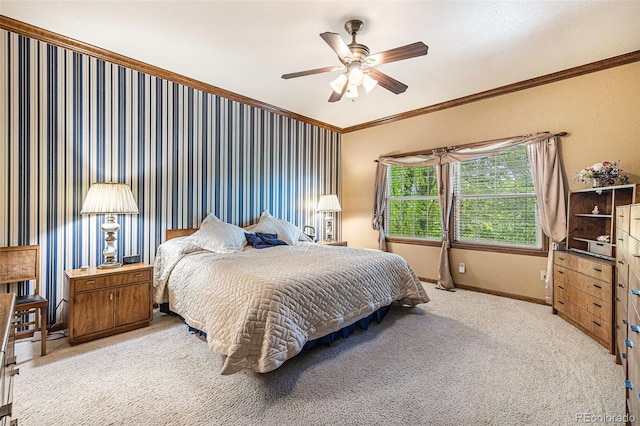 9873 Greensview Cir, Lone Tree, CO 80124 - bedroom featuring ornamental molding, light carpet, and ceiling fan