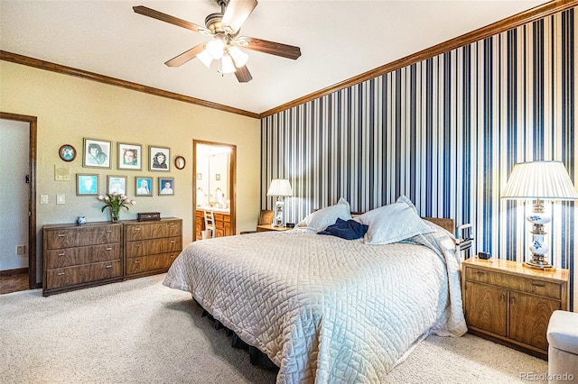 9873 Greensview Cir, Lone Tree, CO 80124 - bedroom featuring crown molding, light carpet, a ceiling fan, and connected bathroom