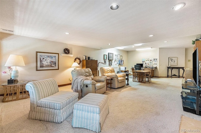 9873 Greensview Cir, Lone Tree, CO 80124 - living room featuring an office area, light colored carpet, and recessed lighting