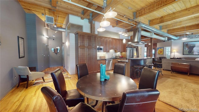 1745 Wazee St Unit 4H, Denver, CO 80202 - dining space with a wooden ceiling with exposed beams, light wood finished floors, and a high ceiling
