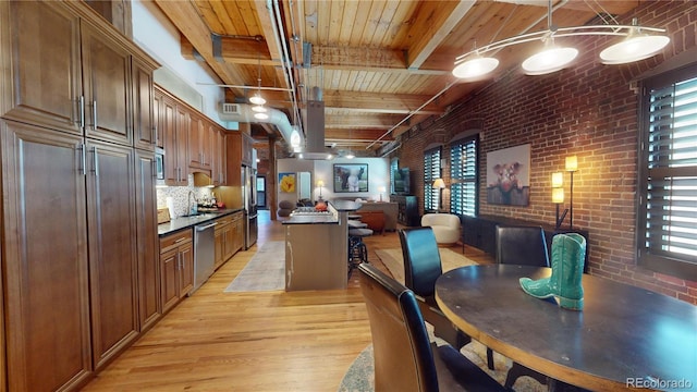 1745 Wazee St Unit 4H, Denver, CO 80202 - dining room with brick wall, light wood-type flooring, a wood ceiling with exposed beams, and healthy amount of natural light