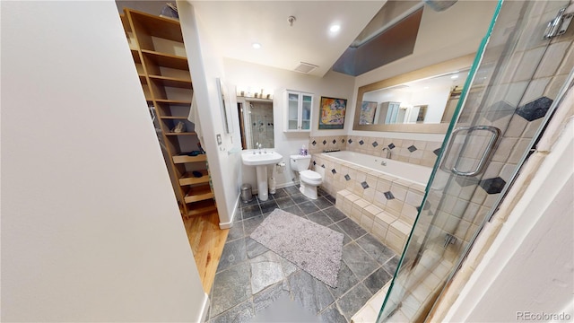1745 Wazee St Unit 4H, Denver, CO 80202 - full bathroom featuring a garden tub, a shower stall, tile patterned flooring, and recessed lighting