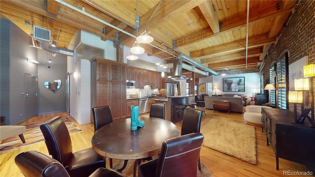 1745 Wazee St Unit 4H, Denver, CO 80202 - dining area with light wood finished floors and a wooden ceiling with exposed beams