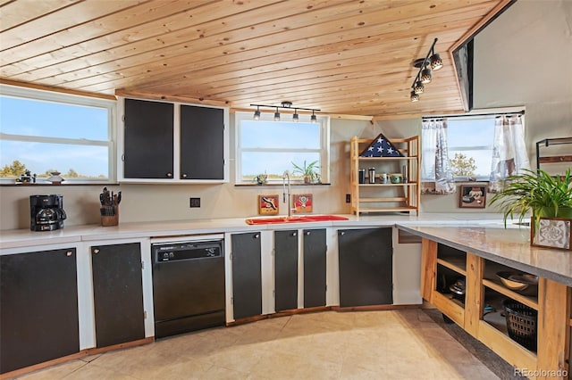 kitchen with wooden ceiling, a sink, black dishwasher, dark cabinetry, and rail lighting