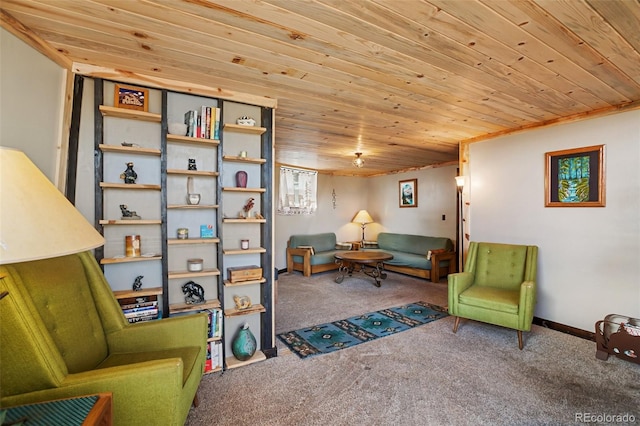 living area with carpet, wooden ceiling, and baseboards