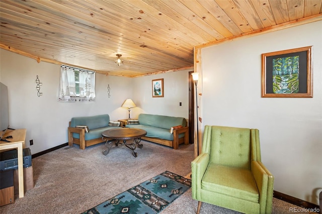 carpeted living area featuring wood ceiling and baseboards