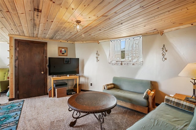 carpeted living area featuring wooden ceiling