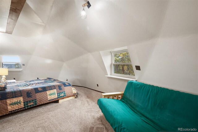 bedroom with carpet floors, lofted ceiling, and baseboards