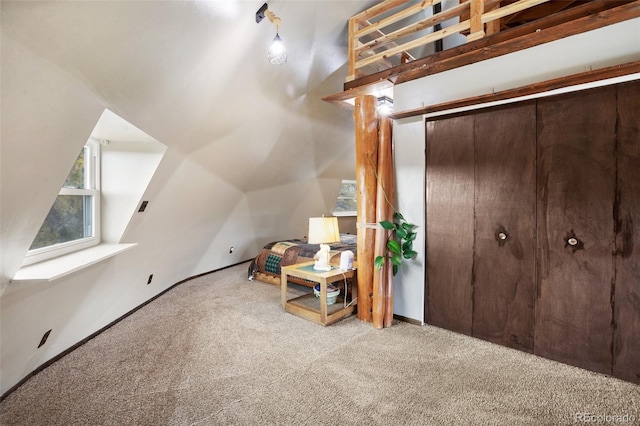 additional living space with vaulted ceiling, carpet, and baseboards