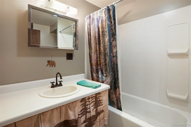 full bathroom with shower / bath combination with curtain and vanity