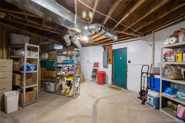 unfinished basement featuring electric panel