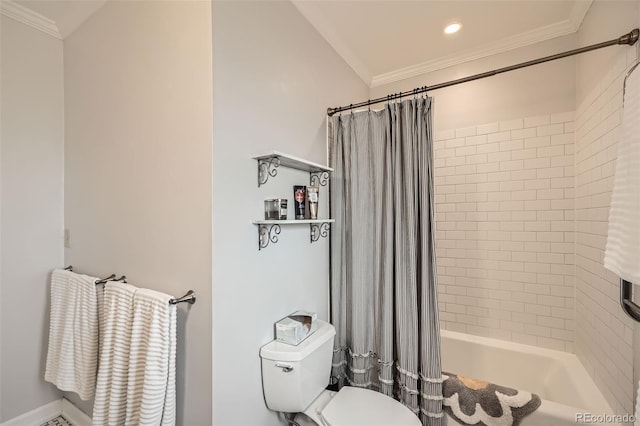 bathroom featuring recessed lighting, toilet, ornamental molding, and shower / bath combination with curtain