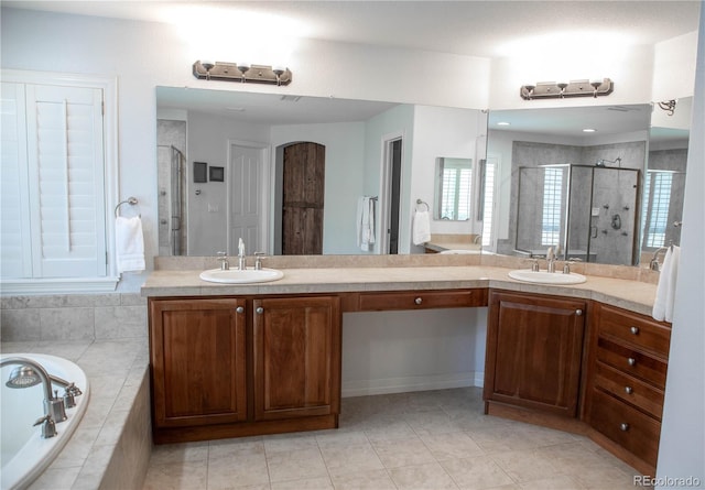 bathroom with vanity, tile patterned flooring, and separate shower and tub