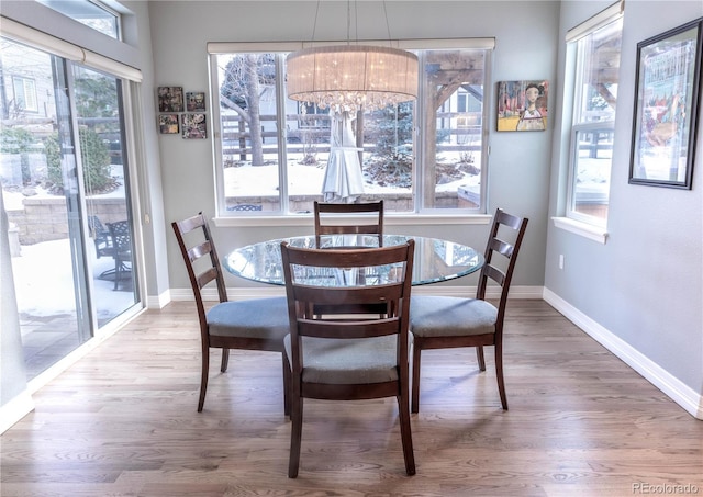 dining area featuring hardwood / wood-style flooring and a notable chandelier