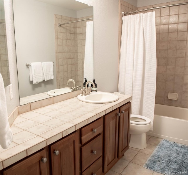 full bathroom featuring toilet, vanity, shower / bathtub combination with curtain, and tile patterned flooring