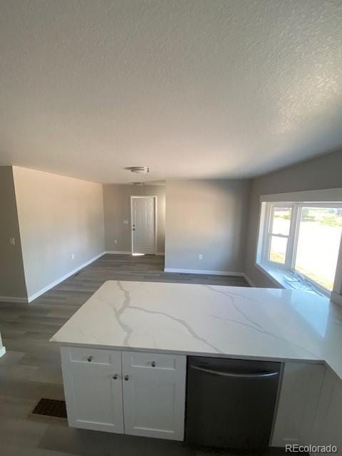 521 10th St, Fort Lupton, CO 80621 - kitchen featuring stainless steel dishwasher, baseboards, light stone counters, a textured ceiling, and wood finished floors