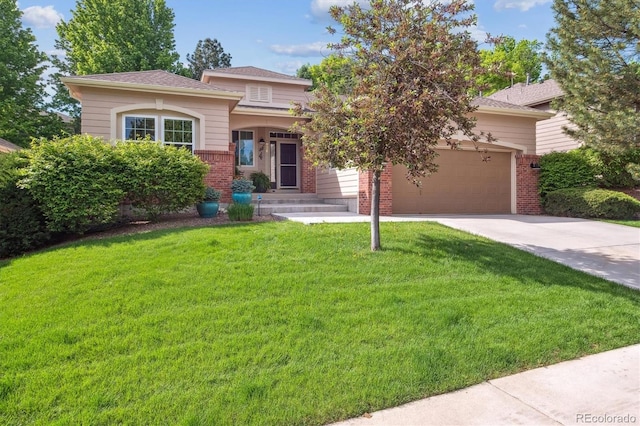 1026 Deer Clover Way, Castle Pines, CO 80108 - view of front of property featuring brick siding, driveway, an attached garage, and a front lawn
