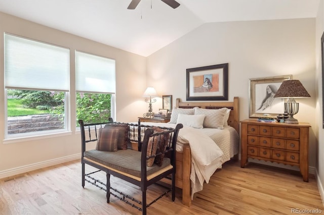 1026 Deer Clover Way, Castle Pines, CO 80108 - bedroom with vaulted ceiling, light wood-type flooring, baseboards, and a ceiling fan
