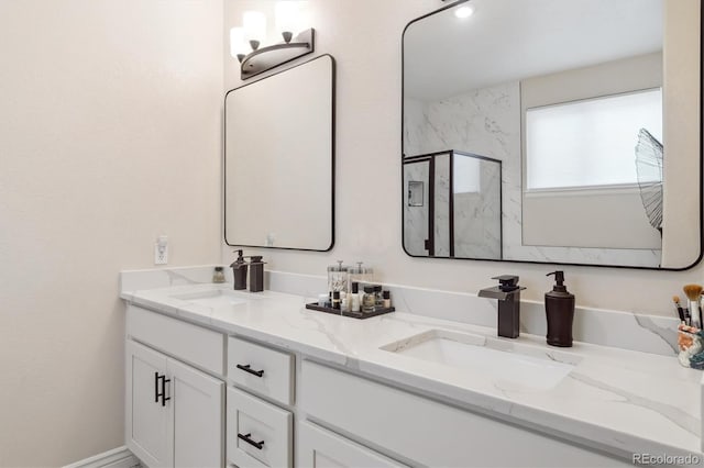 1026 Deer Clover Way, Castle Pines, CO 80108 - bathroom featuring double vanity and a marble finish shower